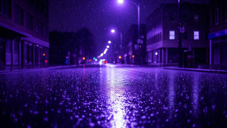 180. showing rainy city street at night reflecting purple streetlights and traffic lights. resolutionの素材