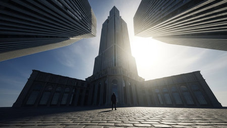 A lone figure stands dwarfed by a colossal deco skyscraper framed by modern glass buildings under a bright, sunlit sky.の素材