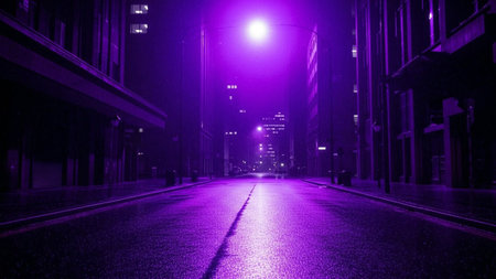 An empty city street at night is bathed in vibrant purple light from streetlights reflecting on the wet asphalt surface.の素材