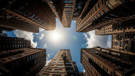 Towering brick apartment buildings reach towards a bright blue sky with the sun shining through the gaps between them.の素材
