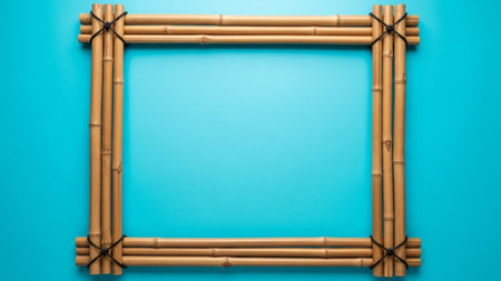 A natural bamboo frame with dark twine ties is centered on a bright turquoise blue background, offering a clean and...の素材