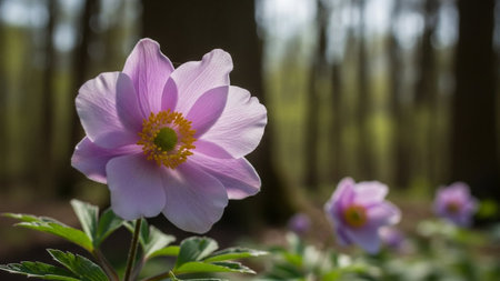 A single pink anemone flower with a yellow center is softly lit by sunlight in a blurred forest background.の素材