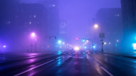 A wet city street at night is bathed in vibrant purple and blue neon and street light reflections.の素材