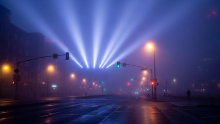 A foggy city street at night with illuminated traffic lights and dramatic beams of light piercing the mist.の素材
