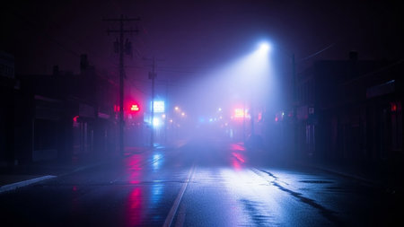 A dark, foggy city street at night, illuminated by glowing blue, purple, and red neon lights reflecting on the wet...の素材