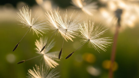 Dandelion seeds with fluffy parachutes float in the air, illuminated by golden sunlight, with a soft green bokeh...の素材