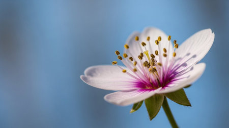 Pink showing delicate white flower with pink accents and yellow stamens against a soft blue blurred background.の素材