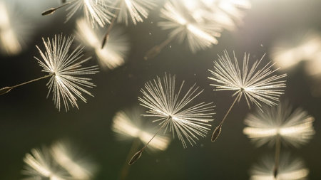 Seeds showing macro view of dandelion seeds floating in the air with soft backlighting and bokeh effect.の素材