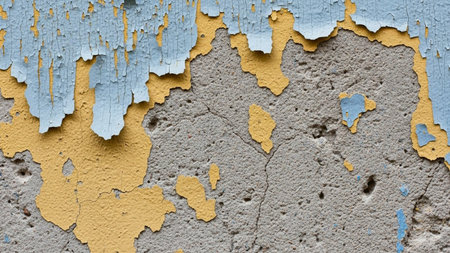 Close-up view of a weathered concrete wall with layers of peeling blue and yellow paint revealing cracks and a rough...の素材