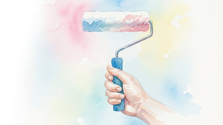 A hand holds a blue paint roller applying soft pastel watercolor strokes of blue pink and white onto a textured surface.の素材