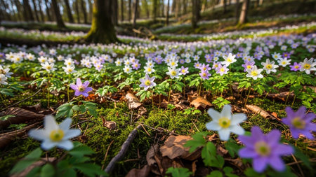 A forest floor is covered with white and purple wood anemone flowers bathed in dappled sunlight.の素材