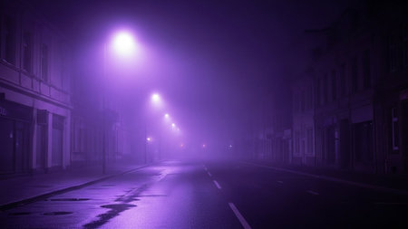 210056 showing dark foggy street at night illuminated by purple streetlights reflecting on wet asphalt.の素材
