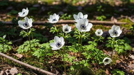 Delicate white anemone flowers with dark centers bloom in a sun-dappled forest setting amidst green foliage and moss.の素材