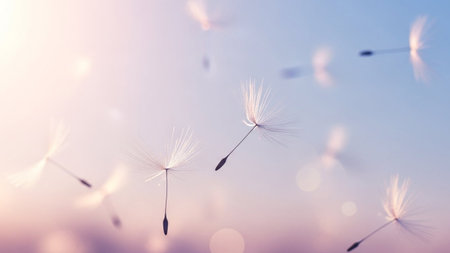 Seeds showing dandelion seeds floating in soft pink and blue sky with bokeh lights. resolutionの素材