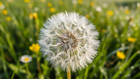 A close-up of a white dandelion seed head glistening with water droplets, set against a soft green background.の素材