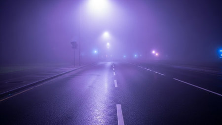An empty asphalt road stretches through thick purple fog, illuminated by distant streetlights reflecting on the wet...の素材
