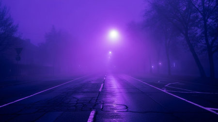 A dark, foggy road at night is bathed in an intense purple light from streetlights, with bare trees lining the sides.の素材