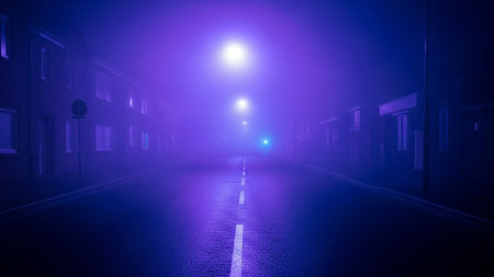 showing eerie foggy street at night with purple and blue streetlights. resolutionの素材