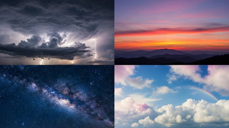 A four-panel collage contrasting sky phenomena: a dramatic thunderstorm, a vibrant sunset over mountains, the Milky...の素材