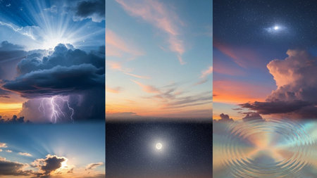 A striking collage of diverse sky scenes including a powerful lightning storm, a serene sunset, and a starry night...の素材