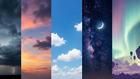 A vertical split five contrasting sky scenes: storm, sunset, daytime clouds, starry night, and aurora.の素材