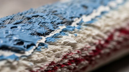 Extreme close-up of a paint roller showing blue white and red paint on its bristles and fabric.の素材