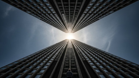 A striking low-angle shot of two immense skyscrapers converging towards a bright sunburst in a clear blue sky.の素材