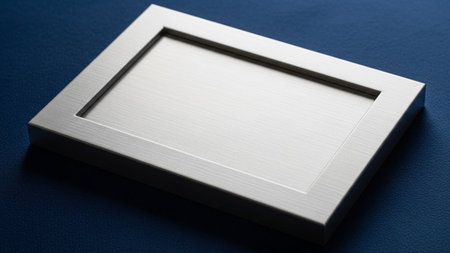 A brushed silver rectangular frame with a recessed center sits on a dark blue textured surface, casting subtle shadows.の素材