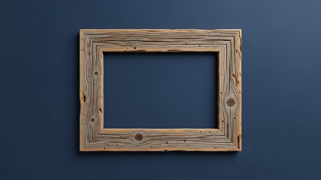 A rustic wooden frame with visible knots and grain is centered against a deep blue textured wall.の素材