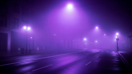 Eerie purple streetlights pierce through thick fog on a deserted city street at night, reflecting on the wet asphalt.の素材