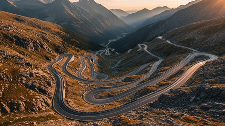 A winding asphalt road snakes through a rugged mountain valley with steep, rocky slopes bathed in the warm light of...の素材