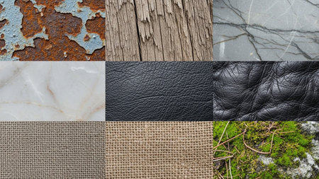 A grid of nine diverse textures showcases rust, weathered wood, marble, leather, burlap, and mossy stone.の素材