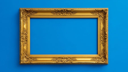 An ornate gold frame with detailed carvings is centered against a vibrant solid blue background.の素材