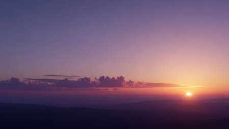 showing vibrant sunset sky with soft purple and orange hues over silhouetted rolling hills and distant clouds....の素材