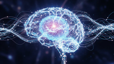 A futuristic digital of a human brain depicted as a glowing network of interconnected nodes and lines.の素材