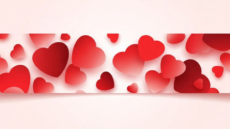 Numerous red and pink hearts of varying sizes are scattered and overlapping across a light pink background, creating...の素材