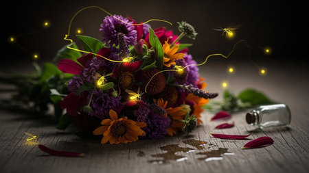 Surface showing a richly colored bouquet of flowers on a wooden surface with fireflies and a small glass bottle....の素材