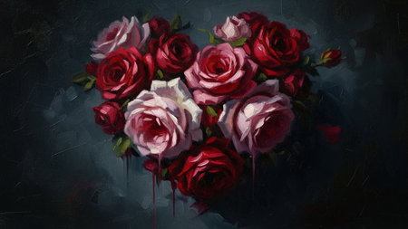 A heart-shaped arrangement of deep red and soft pink roses with dripping petals, painted on a dark, textured background.の素材