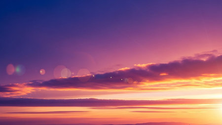 165. showing dramatic sunset sky with vibrant orange and purple hues and lens flares. resolutionの素材