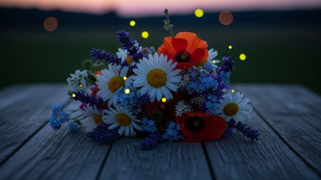 Stock showing bouquet of wildflowers including daisies poppies and lavender with glowing fireflies on a weathered...の素材