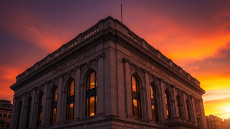 An ornate classical building with arched windows is dramatically lit by a fiery orange and red sunset sky, casting...の素材