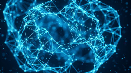 Dots showing abstract blue network of connected glowing dots and lines forming a neural network or brain structure...の素材