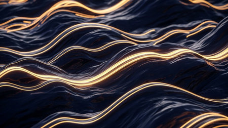 205051 showing abstract dark waves with glowing golden light streaks and ripples. resolutionの素材
