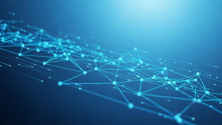 Bright showing abstract blue digital network of interconnected nodes and lines receding into a bright light source....の素材