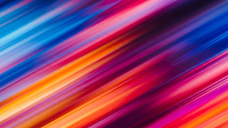 Color showing abstract diagonal streaks of vibrant blue, orange, and magenta colors creating a dynamic motion blur...の素材