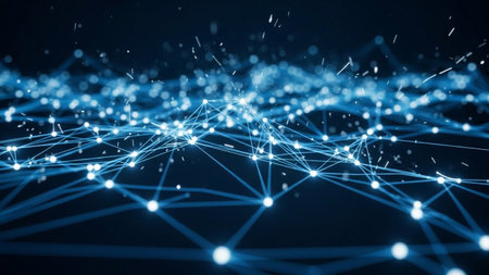An intricate, glowing blue network of interconnected nodes and lines forms an abstract digital structure against a...の素材