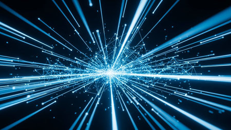 Connectivity. showing abstract blue light streaks radiating from a central point creating a sense of speed and data...の素材