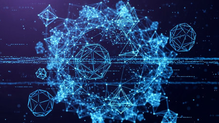 An abstract blue sphere composed of interconnected geometric shapes and glowing particles floats in a dark,...の素材