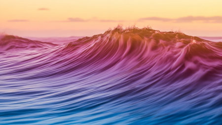 A powerful ocean wave crests with striking pink and blue colors under a soft, warm sunset sky, capturing natural beauty.の素材