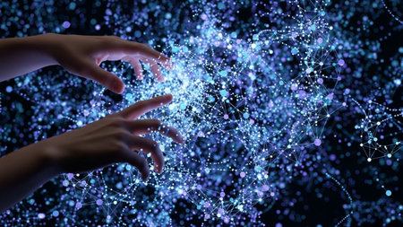 Human hands reach into a glowing blue and purple digital network of interconnected nodes and lines against a dark...の素材